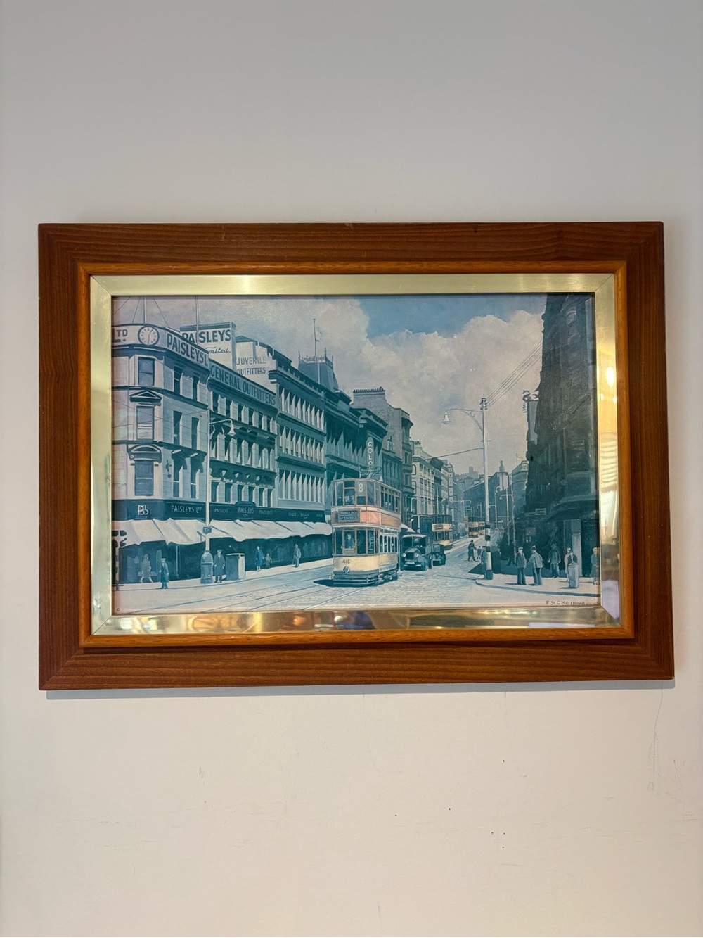 Framed Vintage Streetcar Wall Art in Wood and Brass Frame
